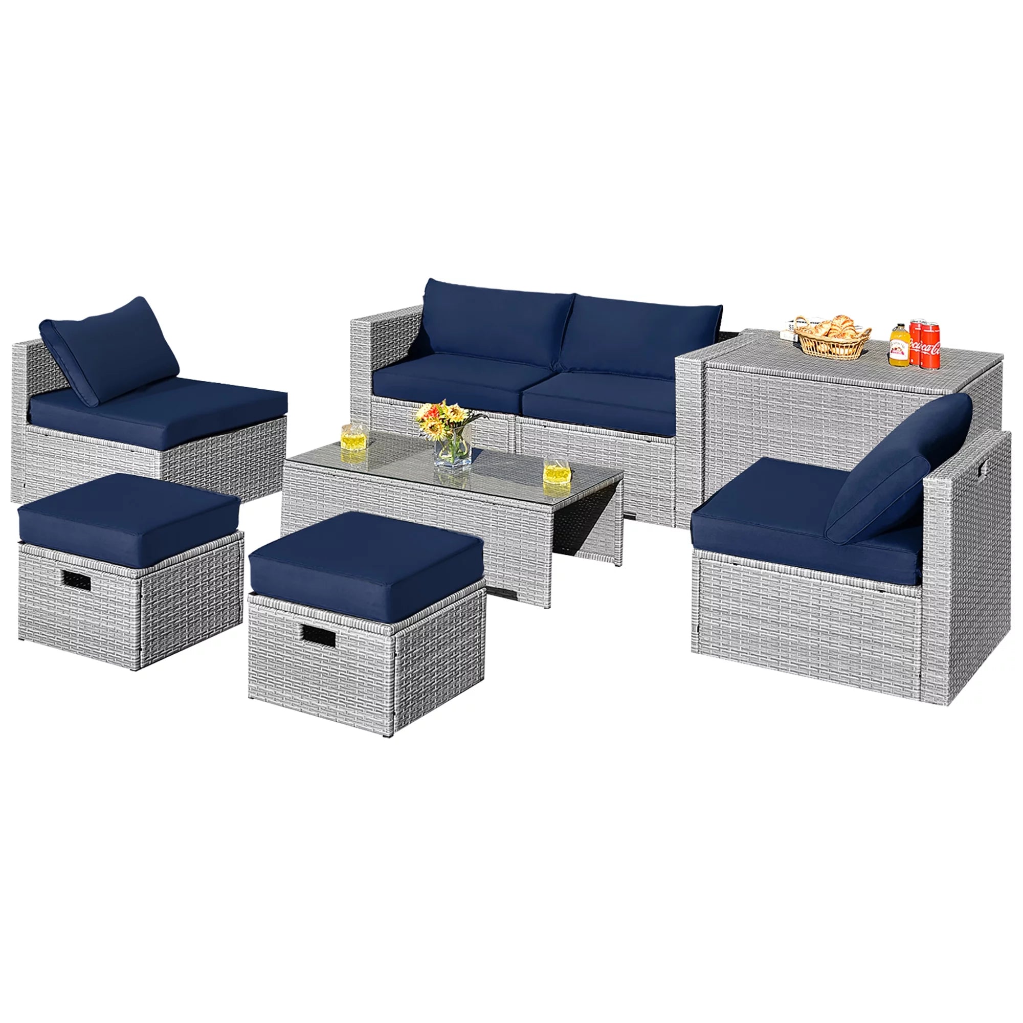 8 Piece Patio Rattan Furniture Set Storage Waterproof Cover Navy Cushion
