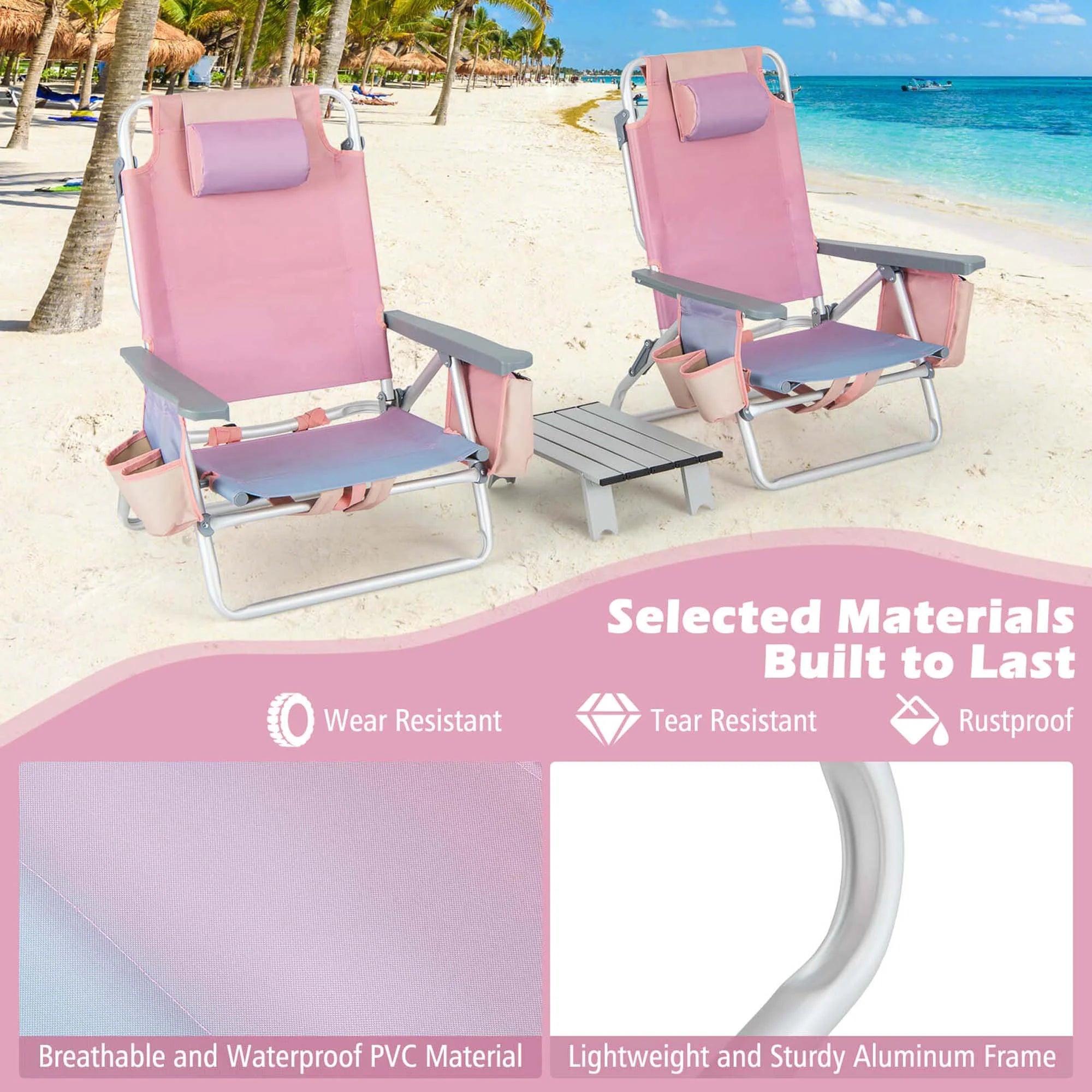 2-Pack Folding Backpack Beach Chair Table Set 5-Position Outdoor Reclining Chair Pink