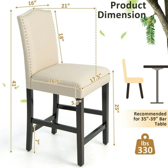 2 Pcs Fabric Nail Head Counter Height Dining Side Chairs Set-Beige, Bar Height Stools