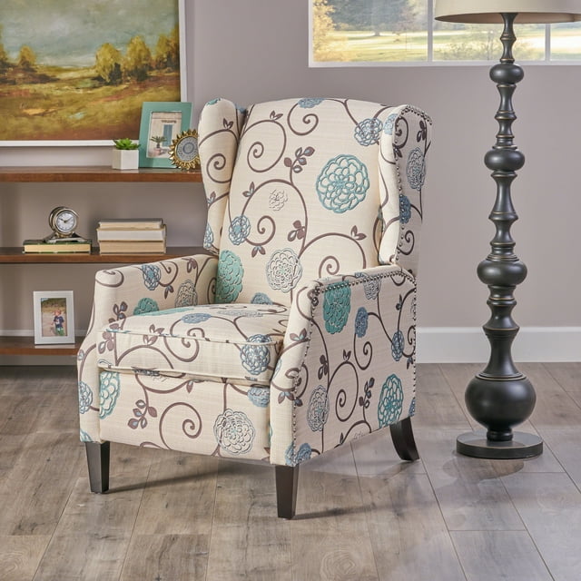 Westeros Wing Back Fabric Recliner, White and Blue