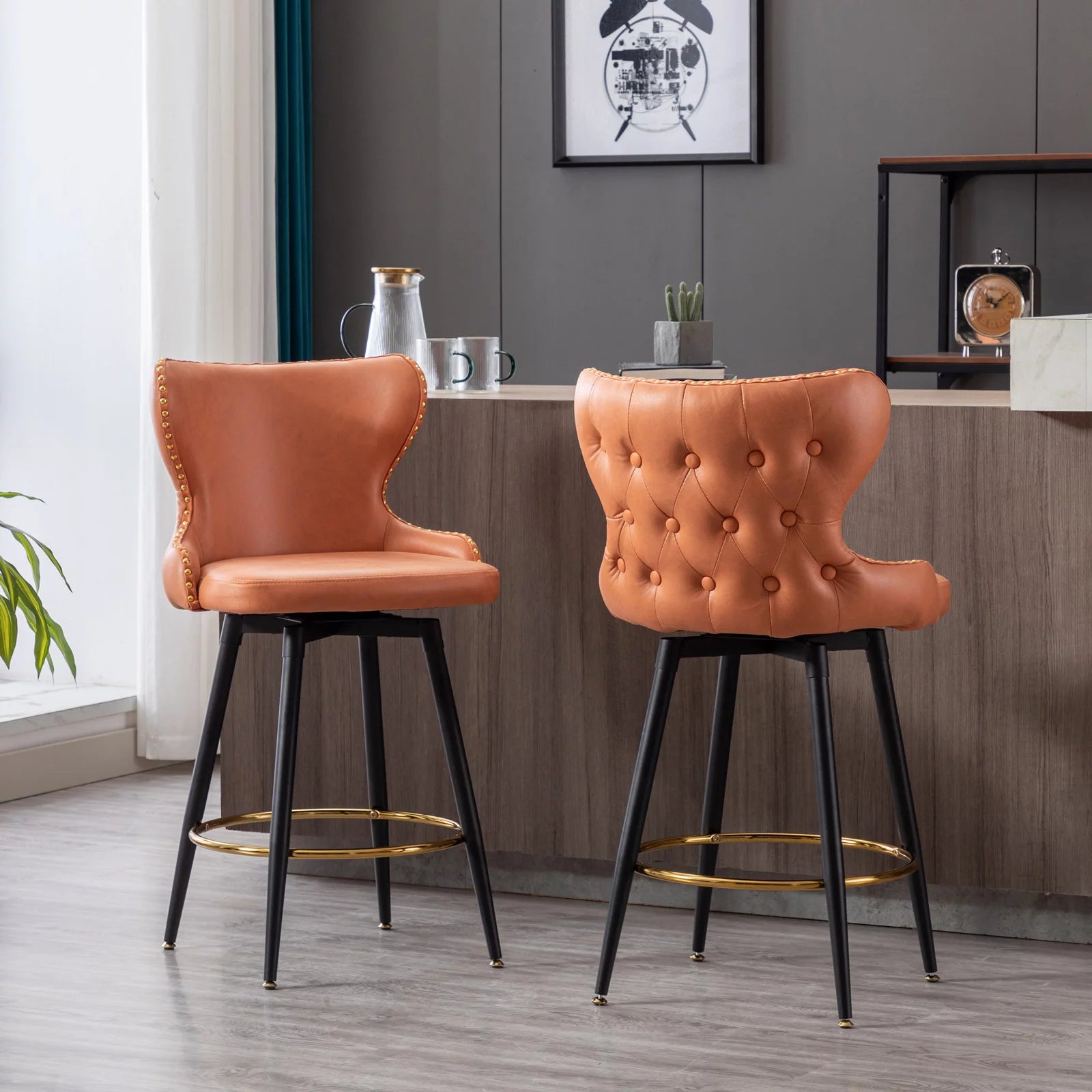 180° Swivel Bar Stools Set of 2, Modern Leathaire Fabric Bar Chairs with Wingback and Footrest, Counter Stool with Nailhead Trim and Metal Base, for Kitchen Island Restaurant Pub Counter, Orange