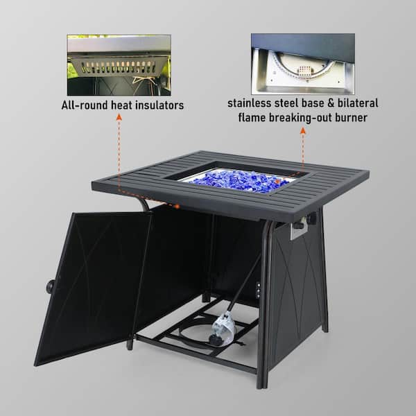 Square Metal Gas Fire Pit Table with Lid and Blue Fire Glass