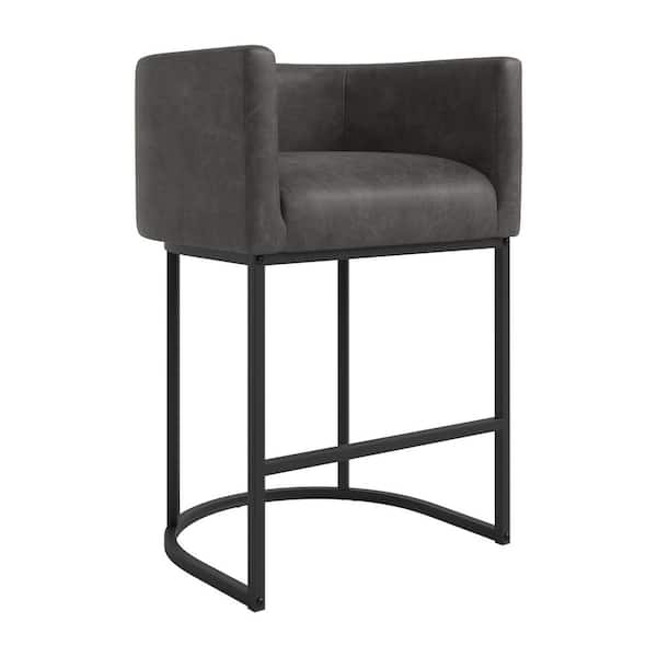 Jessica Black Gray Modern Counter Bar Stool Faux Leather Upholstered Barrel 1-Piece