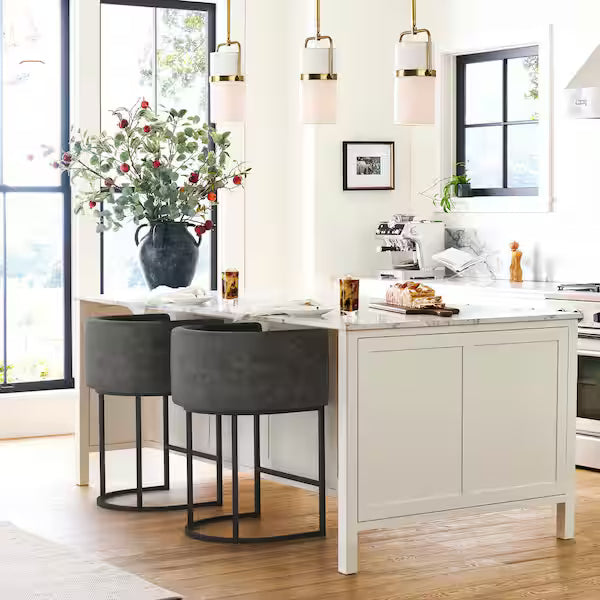 Jessica Black Gray Modern Counter Bar Stool Faux Leather Upholstered Barrel 1-Piece