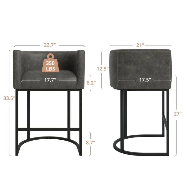 Jessica Black Gray Modern Counter Bar Stool Faux Leather Upholstered Barrel 1-Piece
