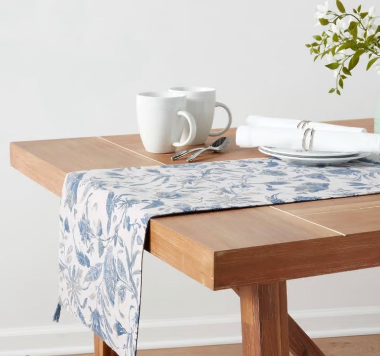 72"x14" Cotton Floral Table Runner - Blue SHOWROOM ITEM
