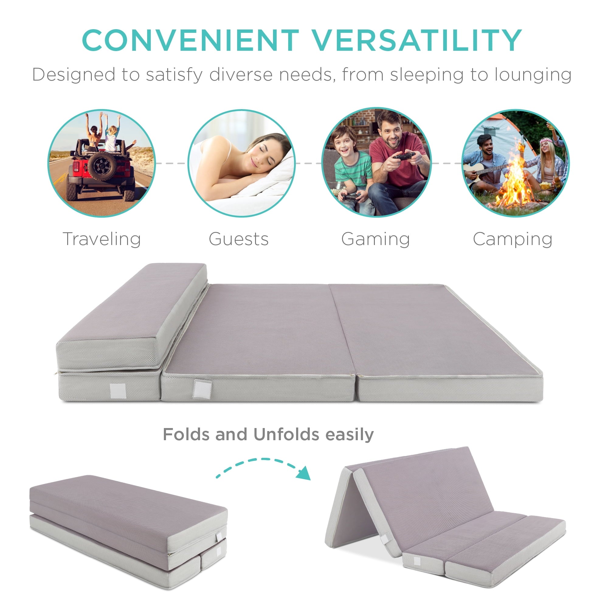 Folding Portable Queen Mattress Topper w/ Carry Case, Washable Cover - Gray
