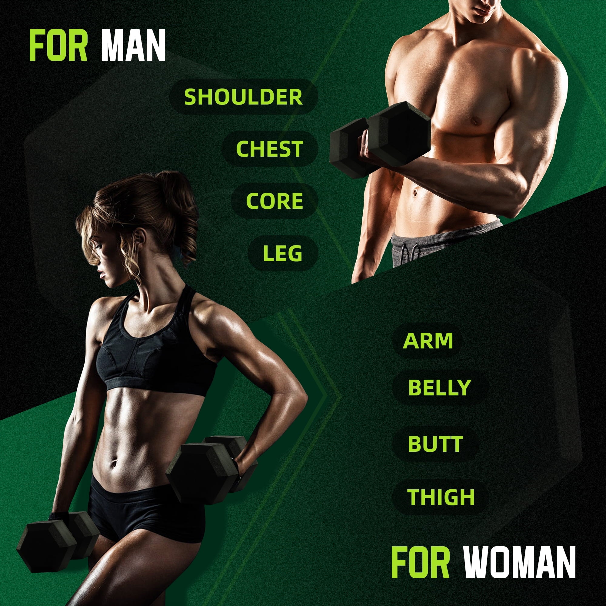 Rubber Hex Dumbbells, 1-Piece, Black