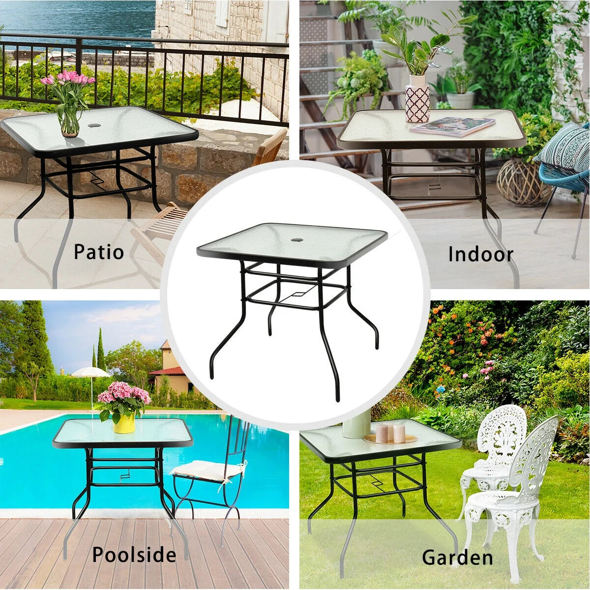 Patio Square Table Tempered Glass Steel Frame Outdoor Pool Yard Garden