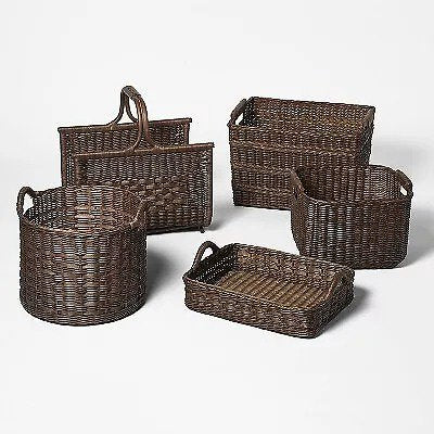 Cube Rattan Decorative Basket with Leather Handles Dark Brown