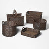 Cube Rattan Decorative Basket with Leather Handles Dark Brown