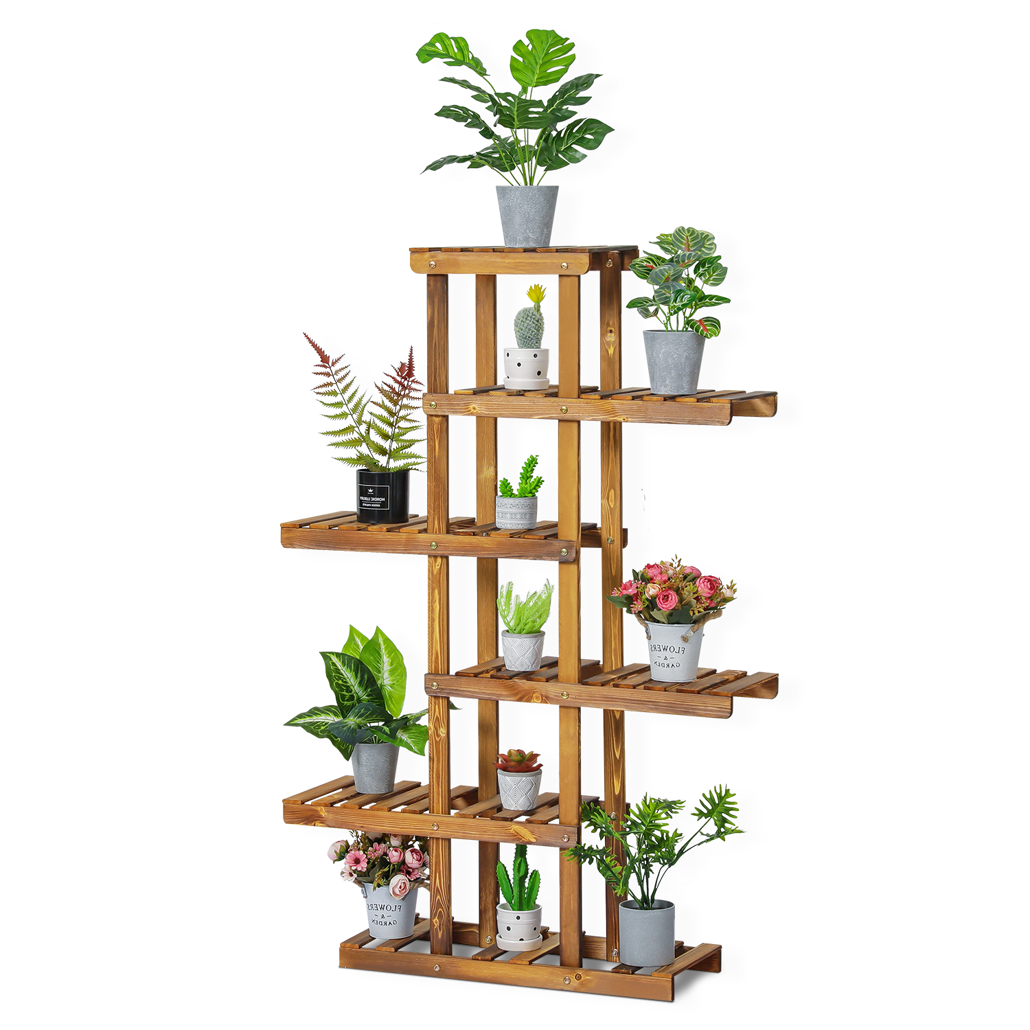 Wood 5 Tiers Plant Stand, Flower Shelf, Display Rack, Carbonized, for Indoor Outdoor