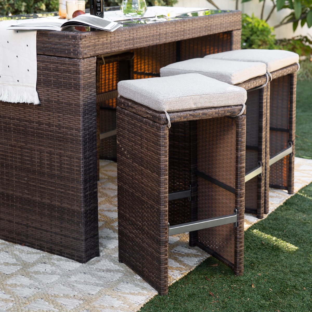 7 Pieces Patio Rattan Wicker Bar Table Stools Dining Set Cushioned Chairs Garden Backyard, Brown