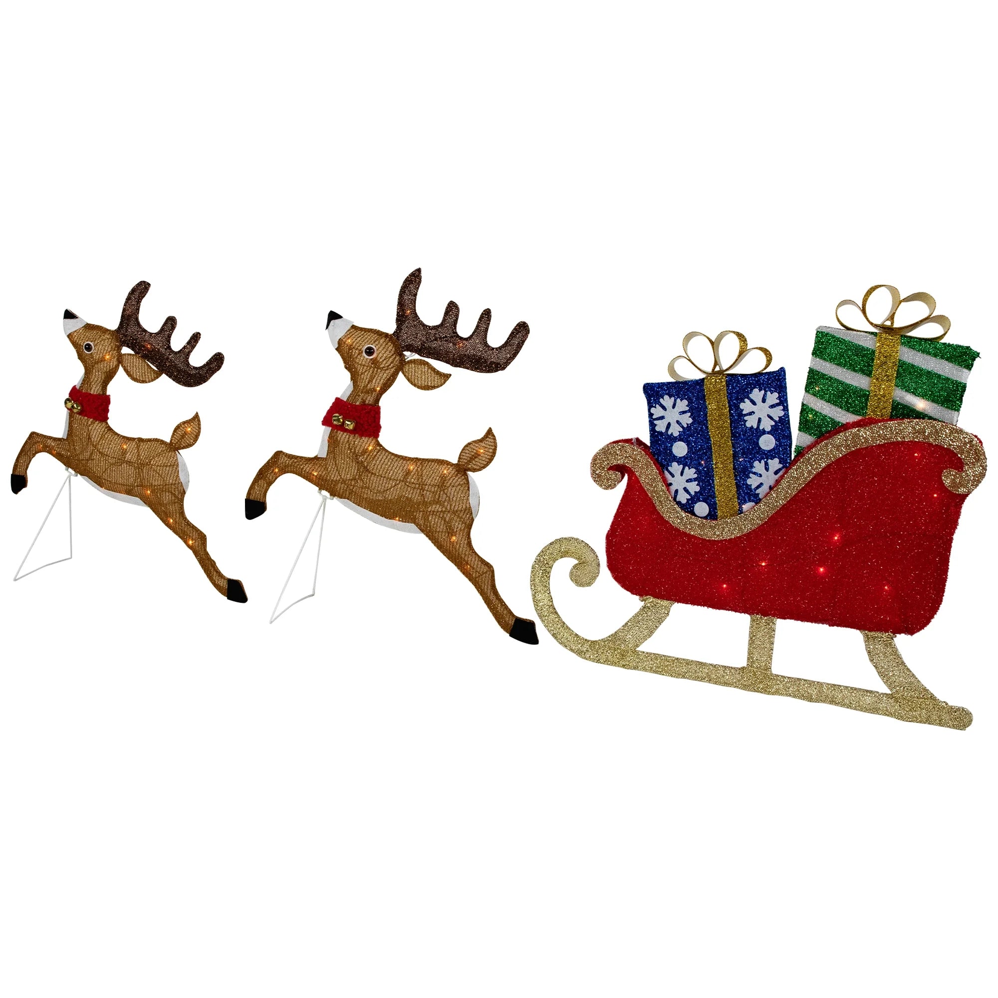 Set of 3 Lighted Reindeer and Sleigh Outdoor Christmas Decoration