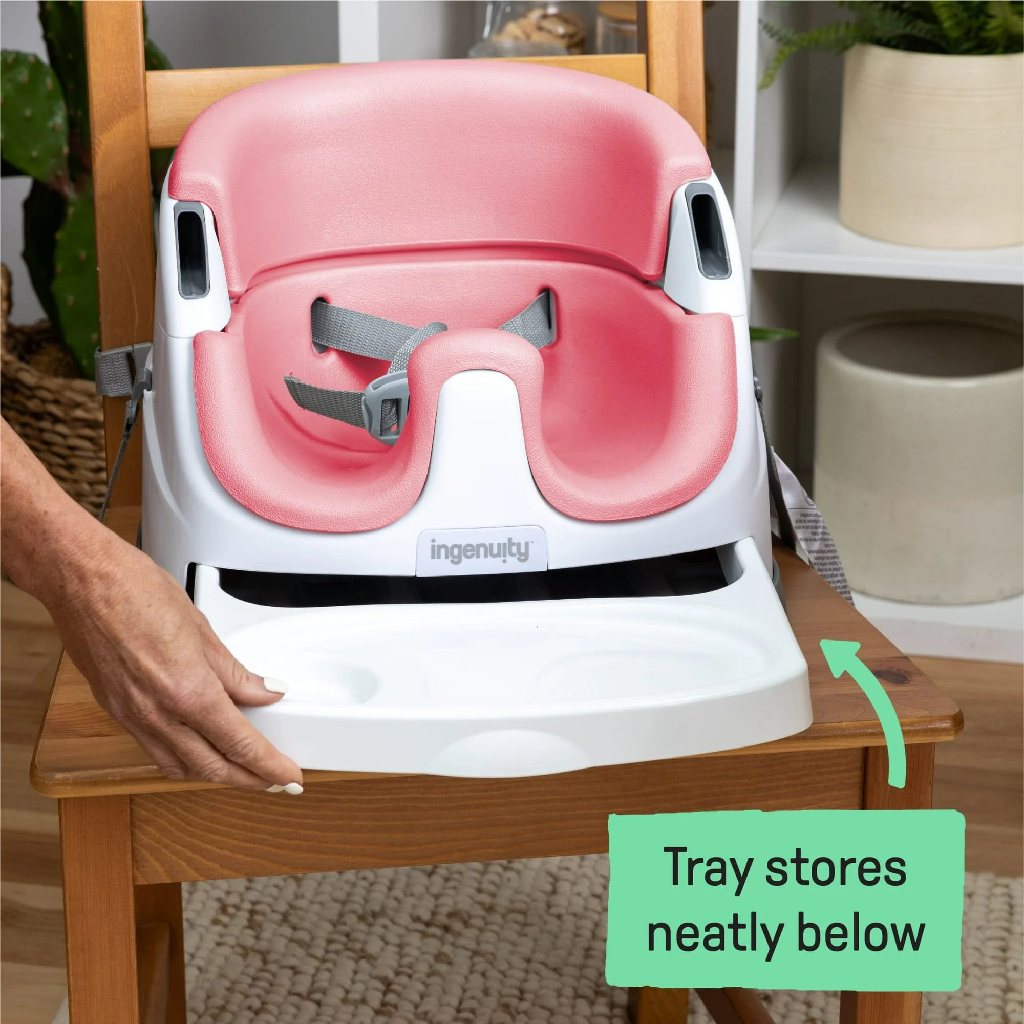 Baby Base 2-in-1 Booster Feeding High Chair and Floor Seat with Self-Storing Tray - Peony