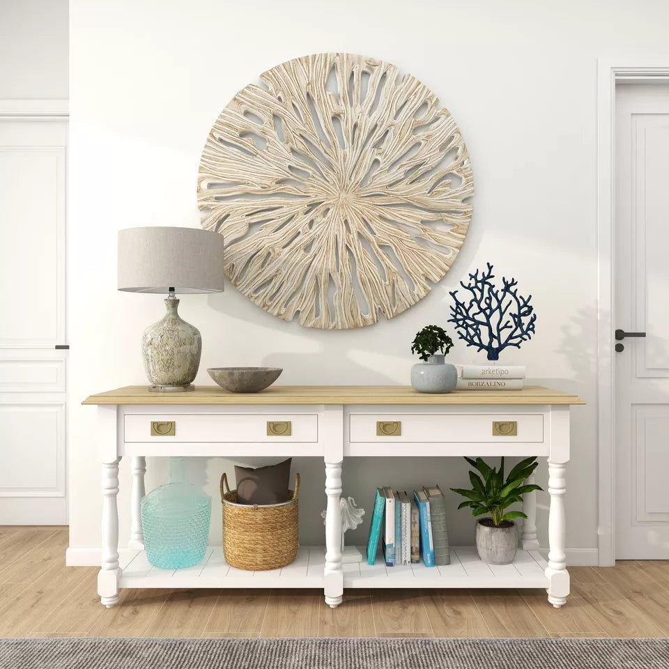 Beige Wooden Handmade Intricately Carved Starburst Home Wall Beige