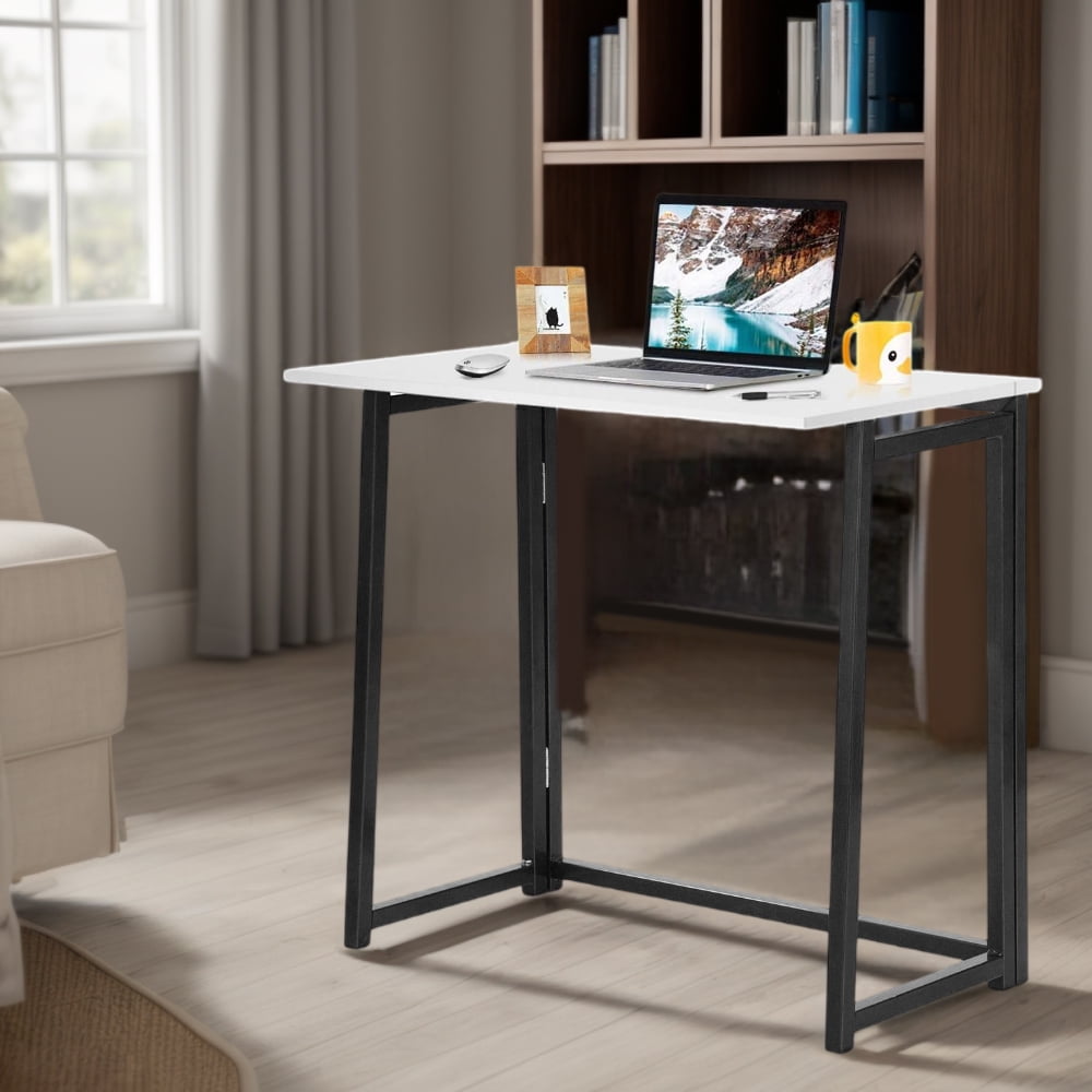 Folding Office Desk, Computer Desk Writing Table with Wood Table Top, Workstation with Metal Frame, Home, Office, Bedroom, White