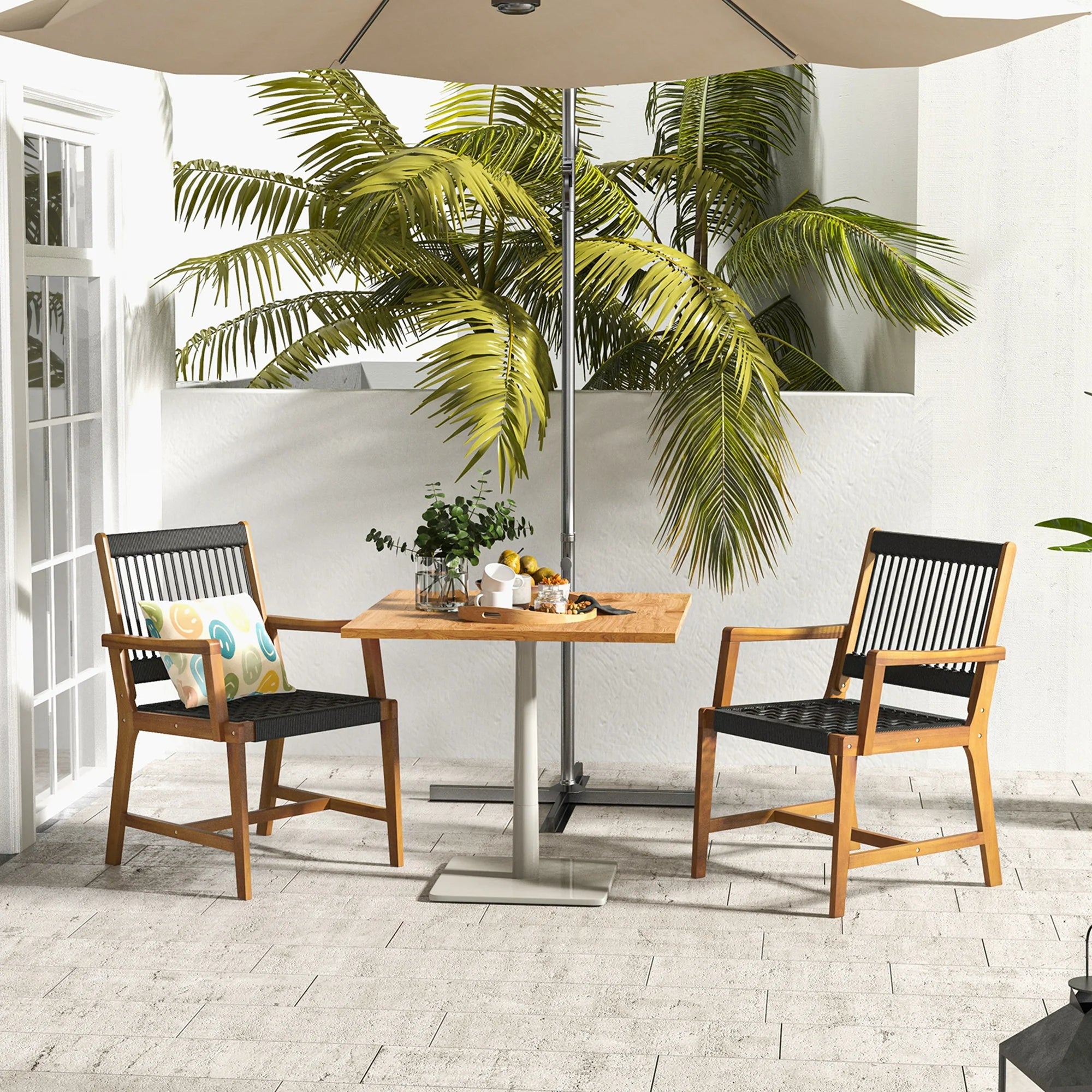 Patio 2-Pieces Acacia Wood Outdoor Dining Chairs All-Weather Rope Woven Armchairs