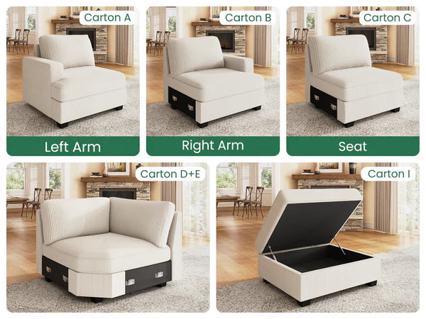 1 Piece Corduroy Modular Sectional Storage Ottoman