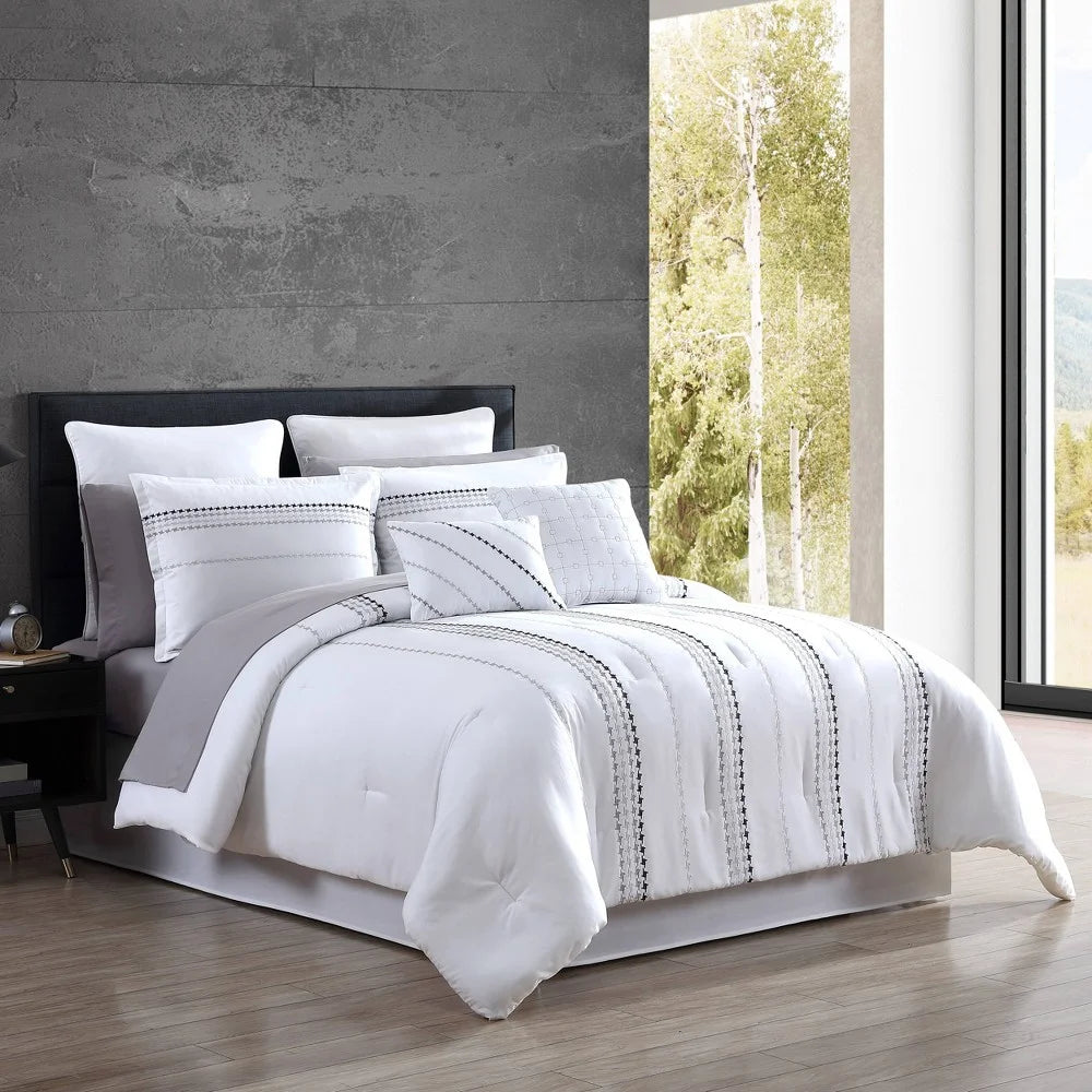 Delphi Embroidered Stripe Comforter Sheets Bedding Set White/Gray - King