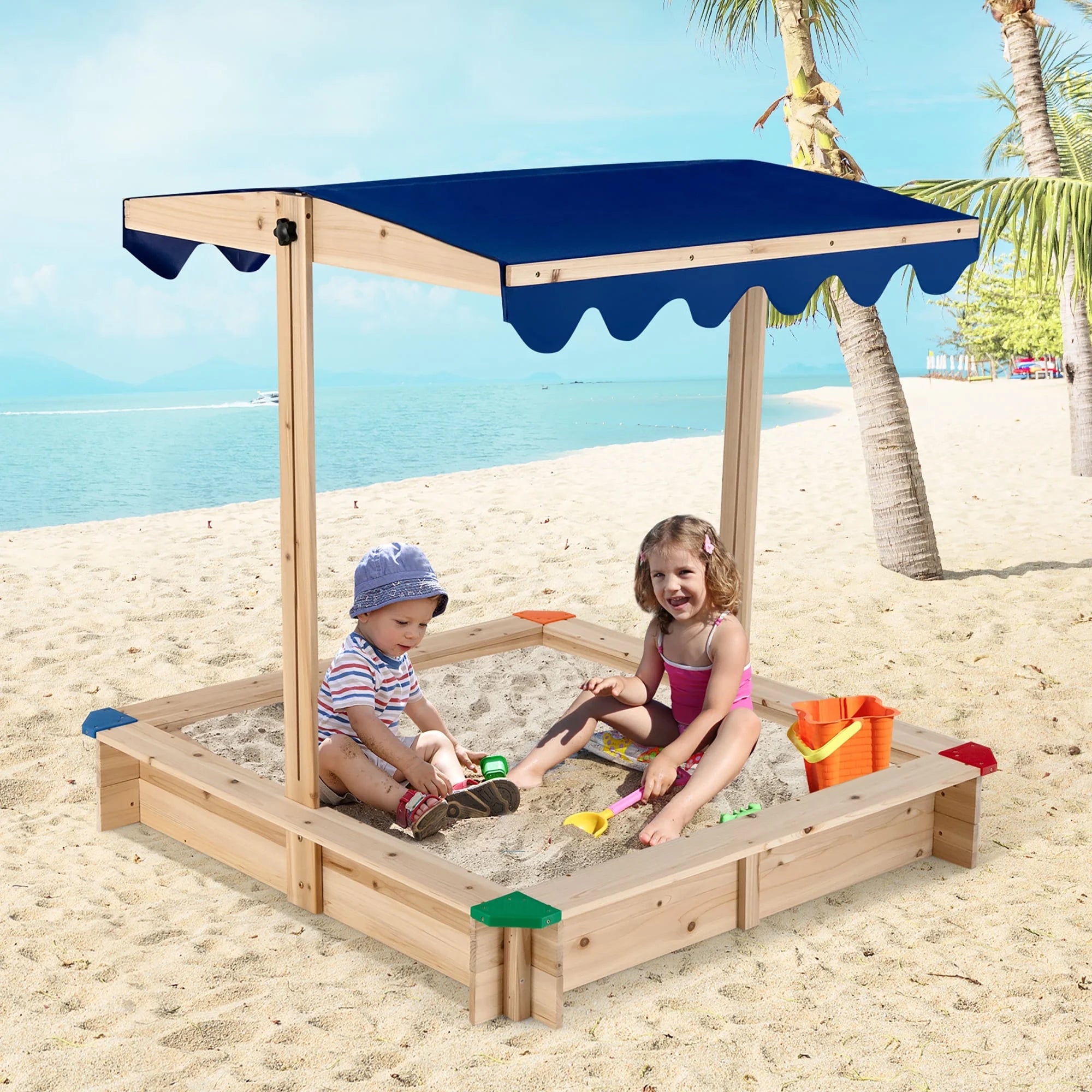 Kids Wooden Sandbox with Height Adjustable & Rotatable Canopy Outdoor Playset