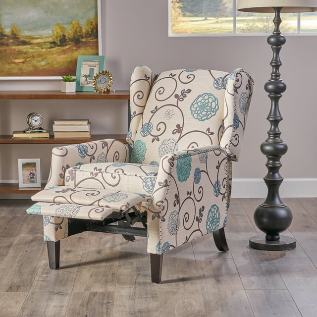 Westeros Wing Back Fabric Recliner, White and Blue