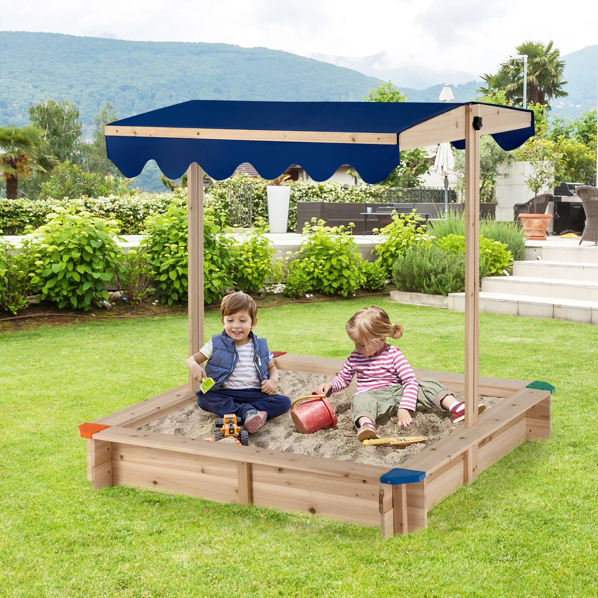 Kids Wooden Sandbox with Height Adjustable & Rotatable Canopy Outdoor Playset