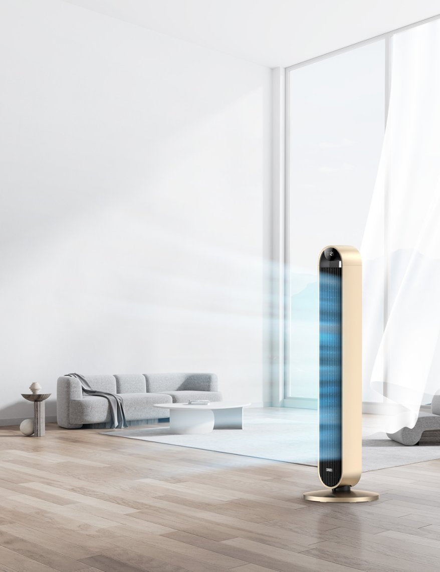 120°Oscillating Bladeless Fan for Bedroom, 25dB Quiet DC Motor, Standing Fan with Remote, 12 Hyper Wind Speeds - Gold