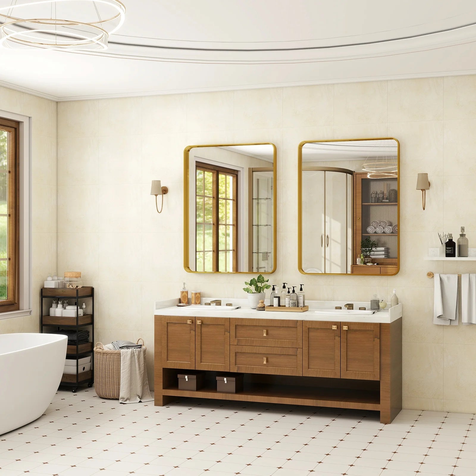 Bathroom Mirror, Modern Round Corner Vanity Wall Mirror, Gold