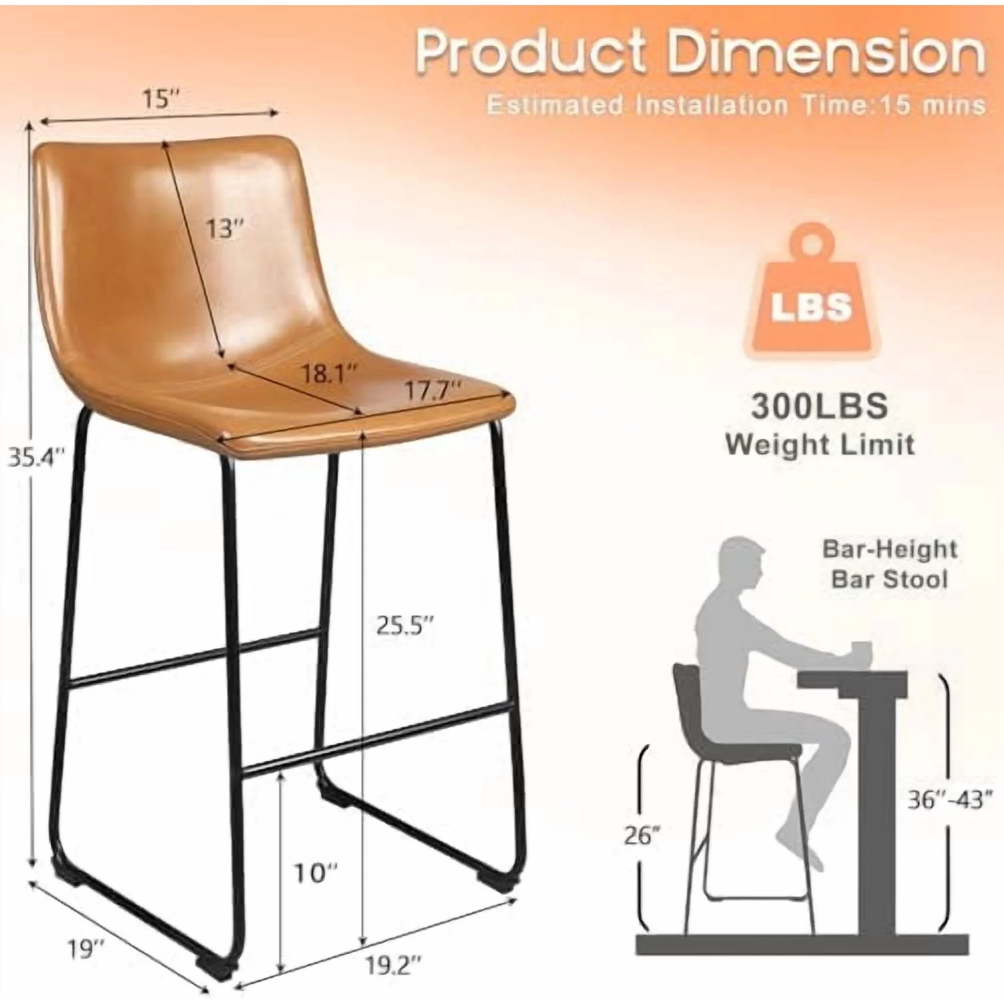 Counter Height Bar Stools 1-Piece, Faux Leather with Metal Legs