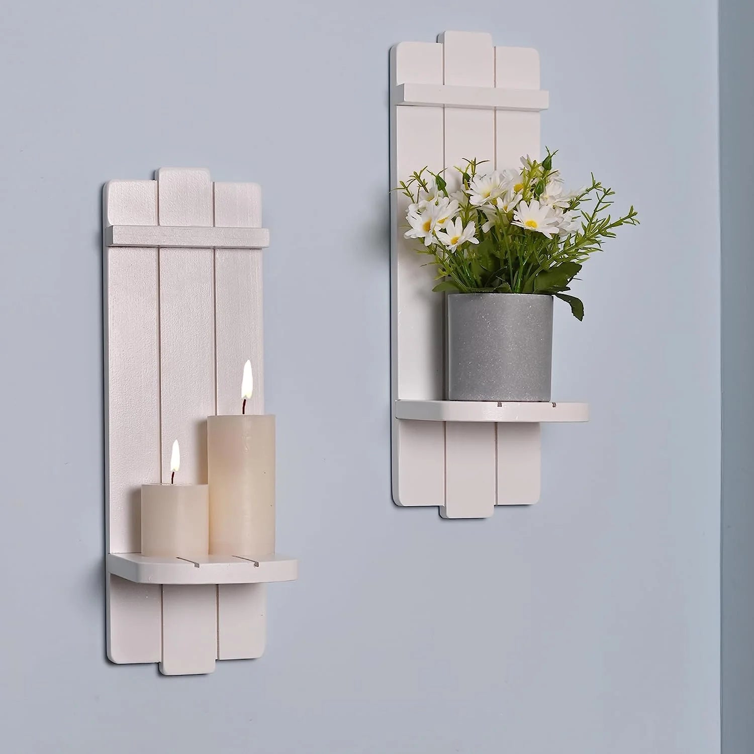 Sconces Set of 2, Large Candle Holder Rustic Shelf White Wall Decor