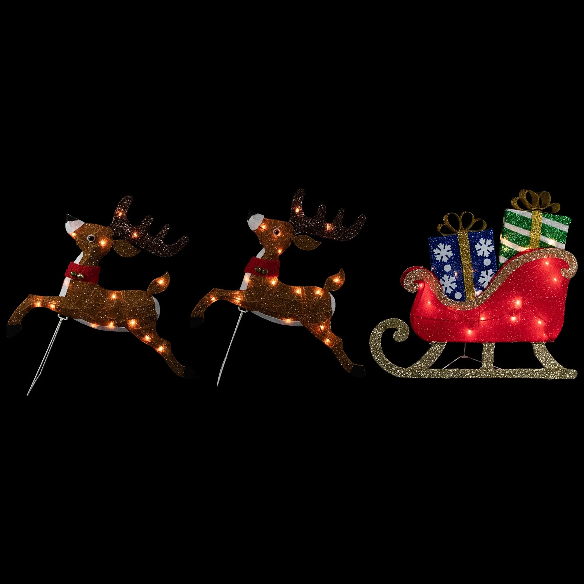 Set of 3 Lighted Reindeer and Sleigh Outdoor Christmas Decoration