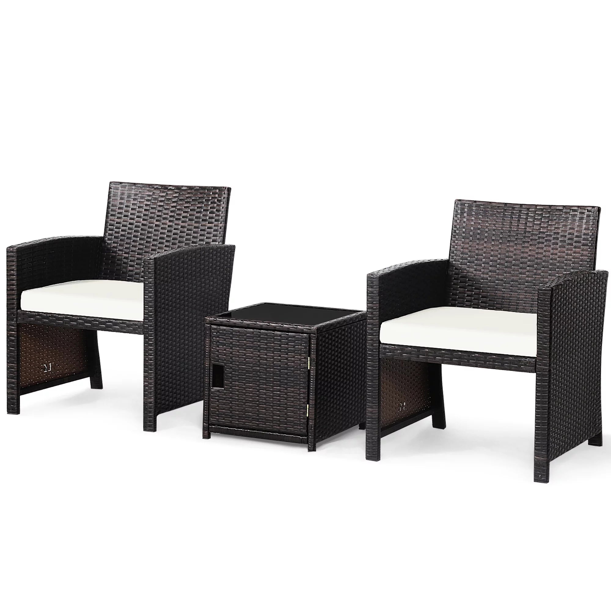3-Piece Patio Wicker Furniture Set Storage Table with Protect Cover Cushioned in Off White