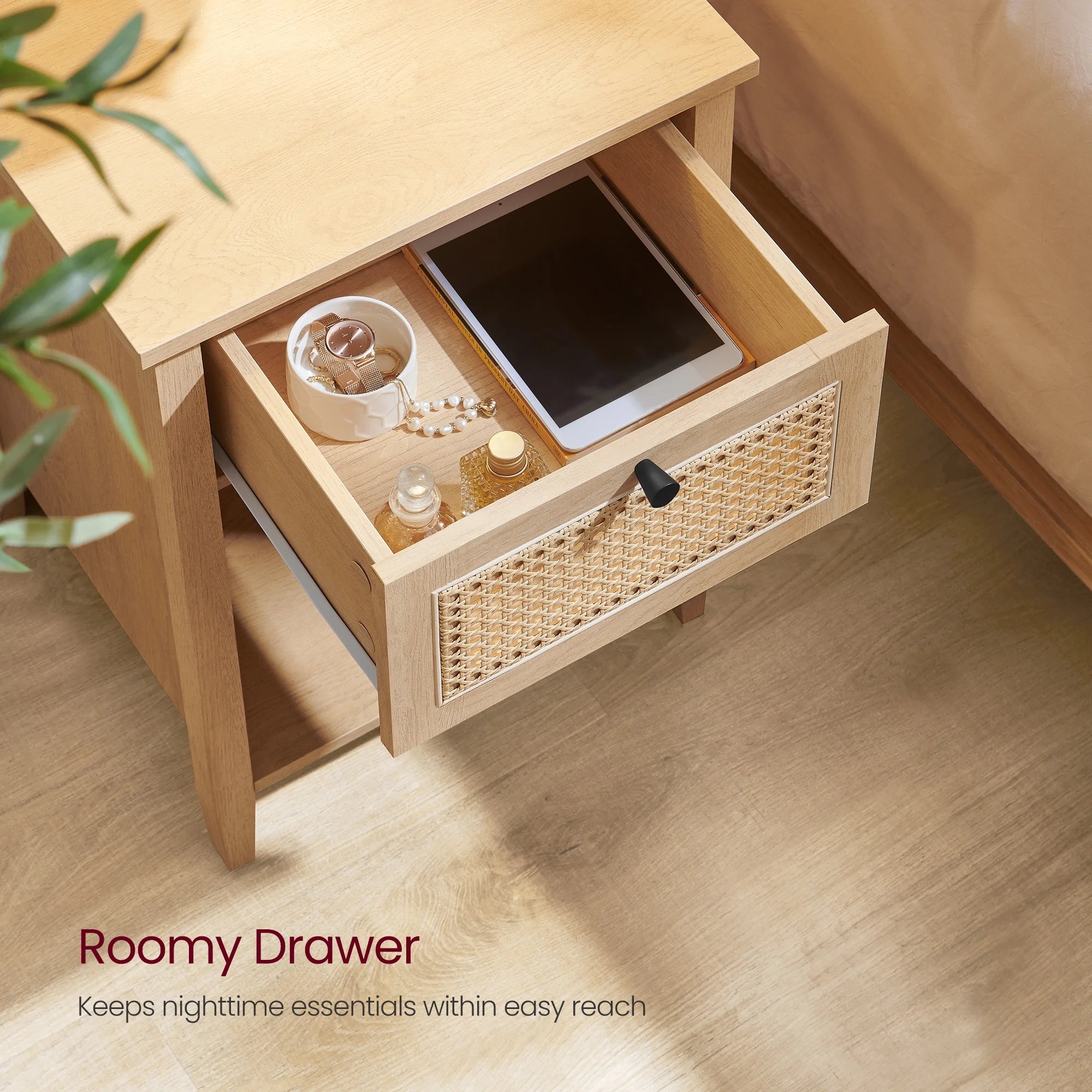 Boho Nightstand, Bedside Table with Drawer Cane Accent Bedside End Table with Solid Wood Legs