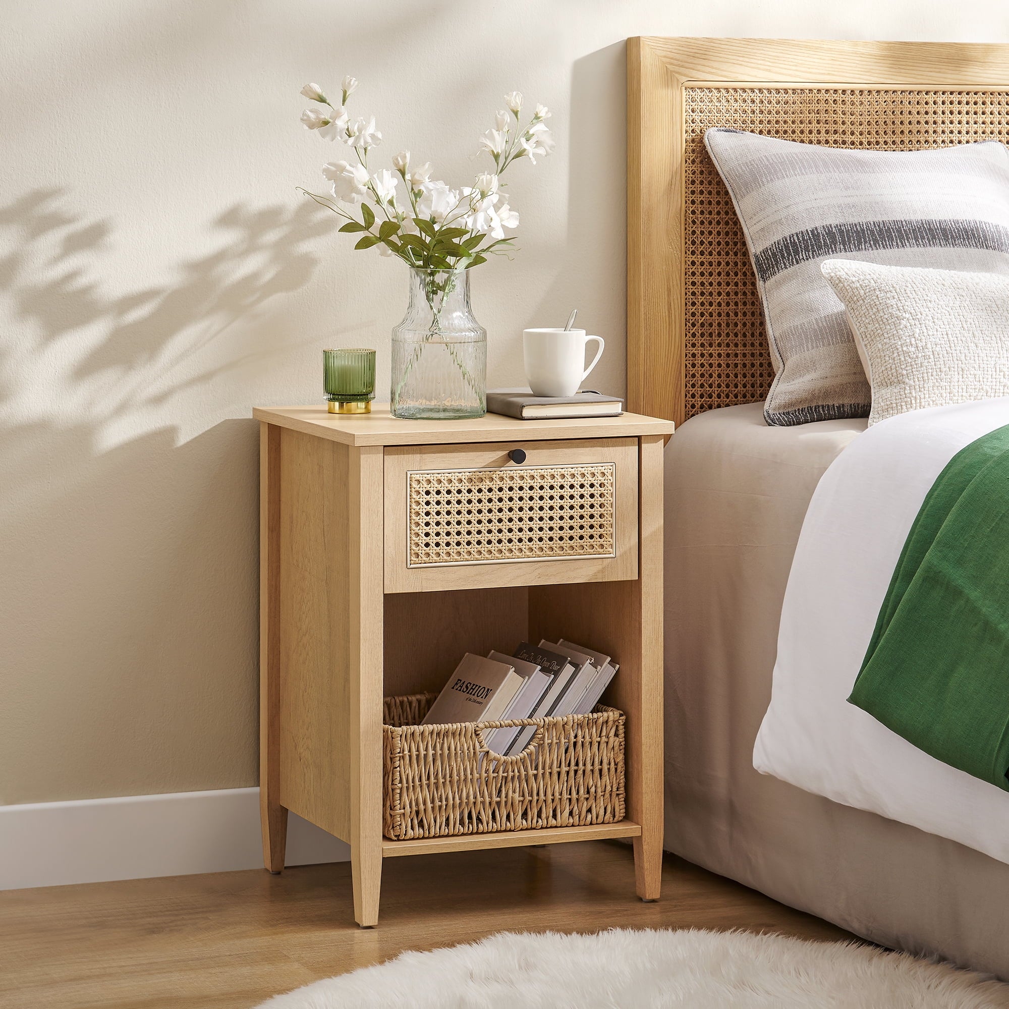 Boho Nightstand, Bedside Table with Drawer Cane Accent Bedside End Table with Solid Wood Legs