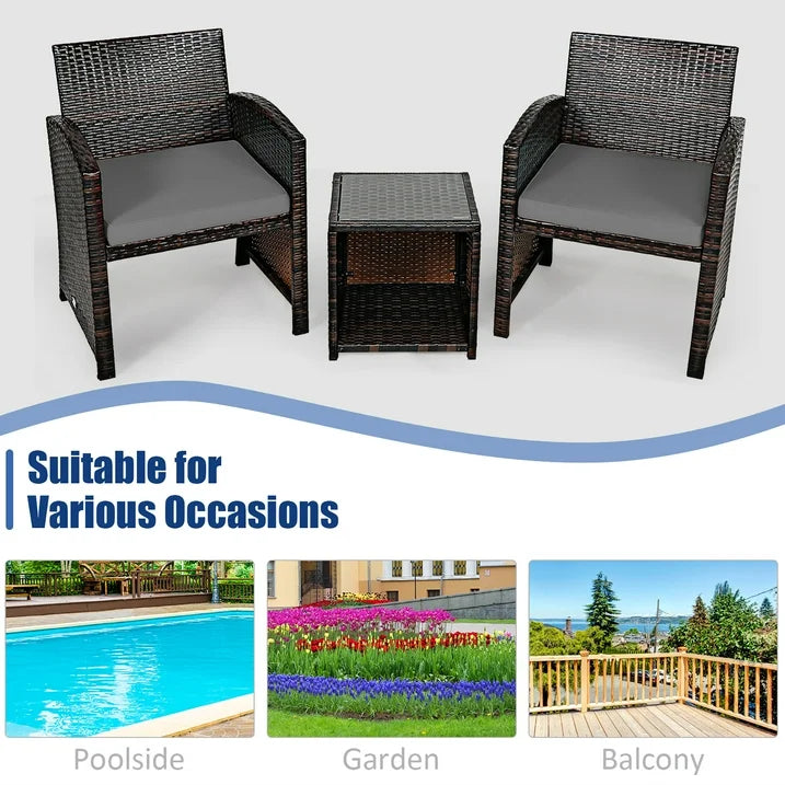 3-Piece Wicker Patio Conversation Set with Gray Cushions Sofa Coffee Table