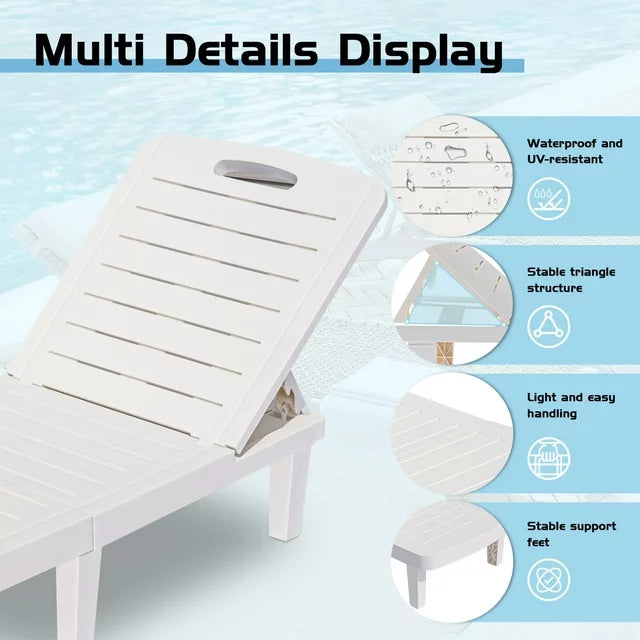 1-Piece Plastic Outdoor Chaise Lounge with Retractable Tray