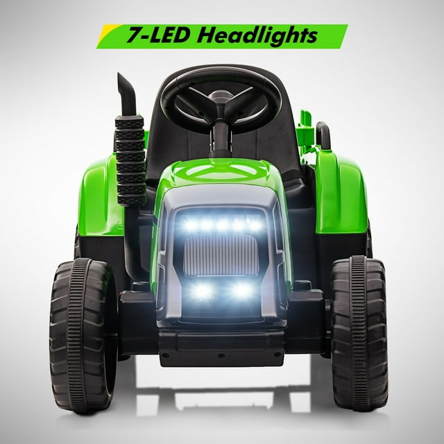 12V Kids Battery Powered Electric Tractor with Trailer, Toddler Ride On Car w/ Remote Control, 7-LED Headlights, 2+1 Gear Shift, MP3 Player USB Port for Kids 3-6 Years
