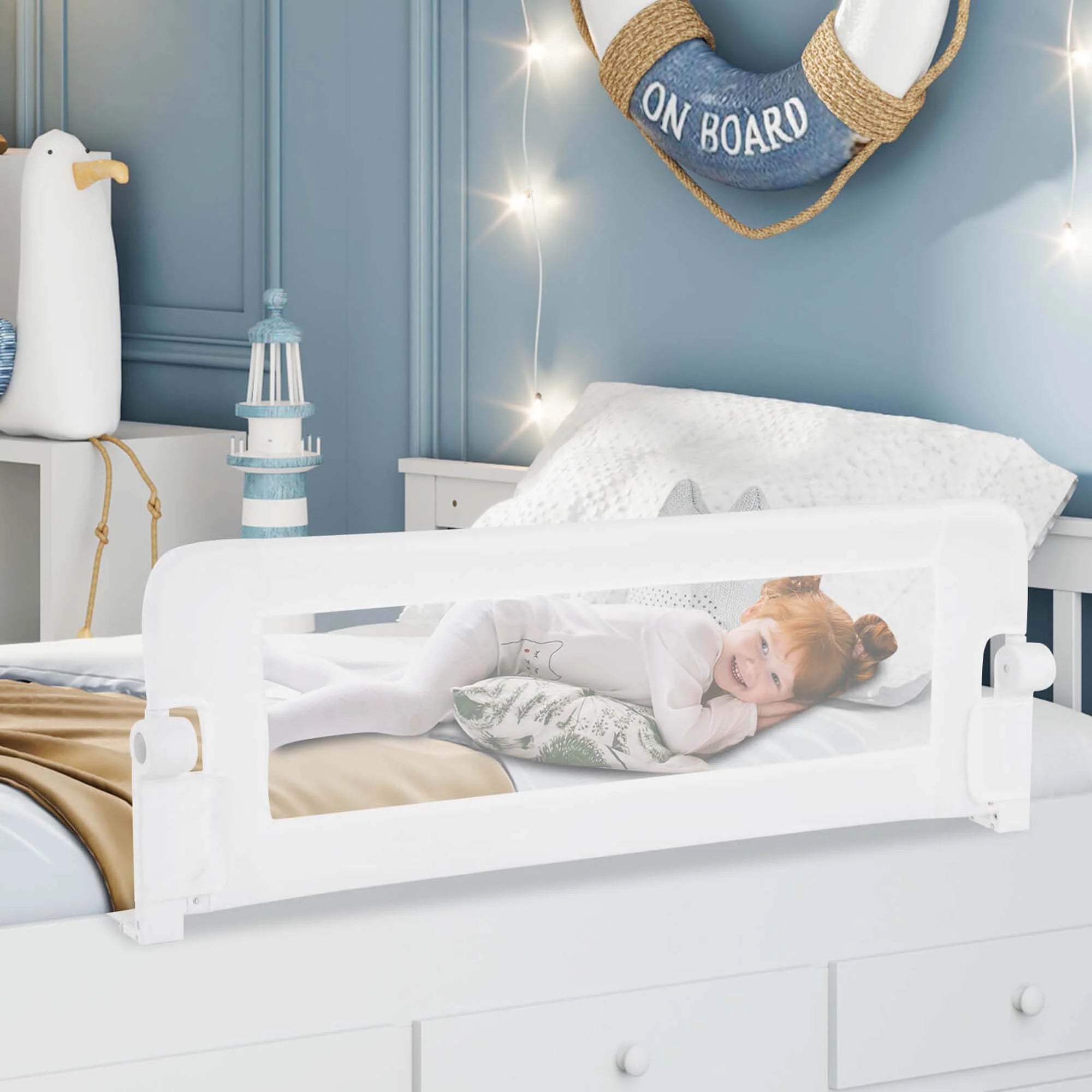 1 PC Toddler Foldable Bed Rail with Adjustable Safety Strap Bedrail Guard White