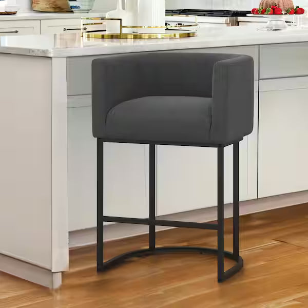 Jessica Black Gray Modern Counter Bar Stool Faux Leather Upholstered Barrel 1-Piece