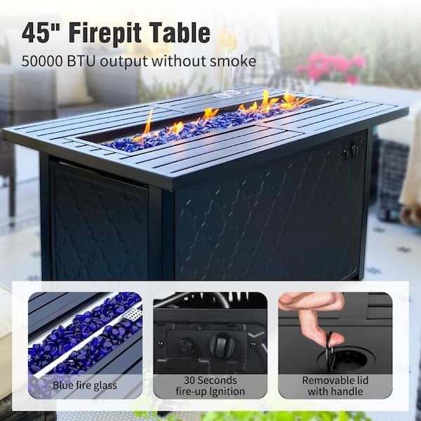 Leather Grain Rectangle Metal Gas Fire Pit Table with Lid and Blue Fire Glass