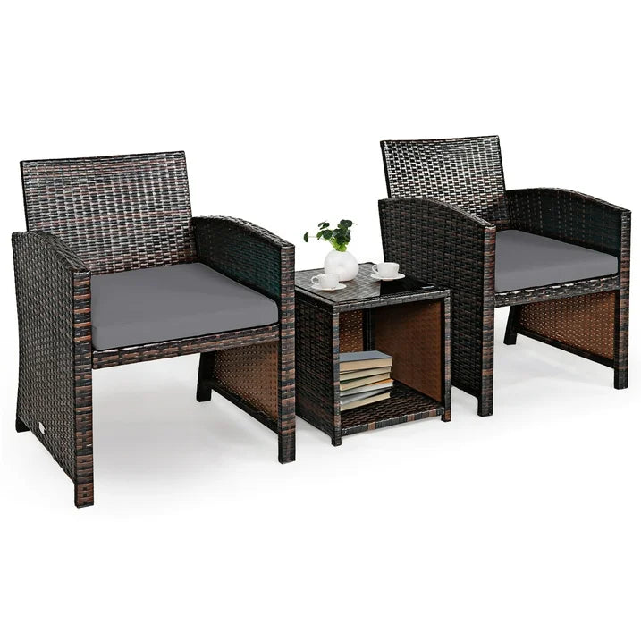 3-Piece Wicker Patio Conversation Set with Gray Cushions Sofa Coffee Table