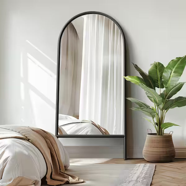 Modern Arched Wood Framed Black Full Length Floor Standing Mirror