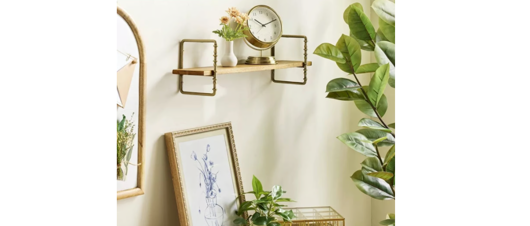 Twisted Brass and Wood Singular Wall Shelf