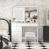 5-Drawers White Wood LED Lights Push-Pull Mirror Makeup Vanity Sets Dressing Table Sets with Stool and Hidden Shelves