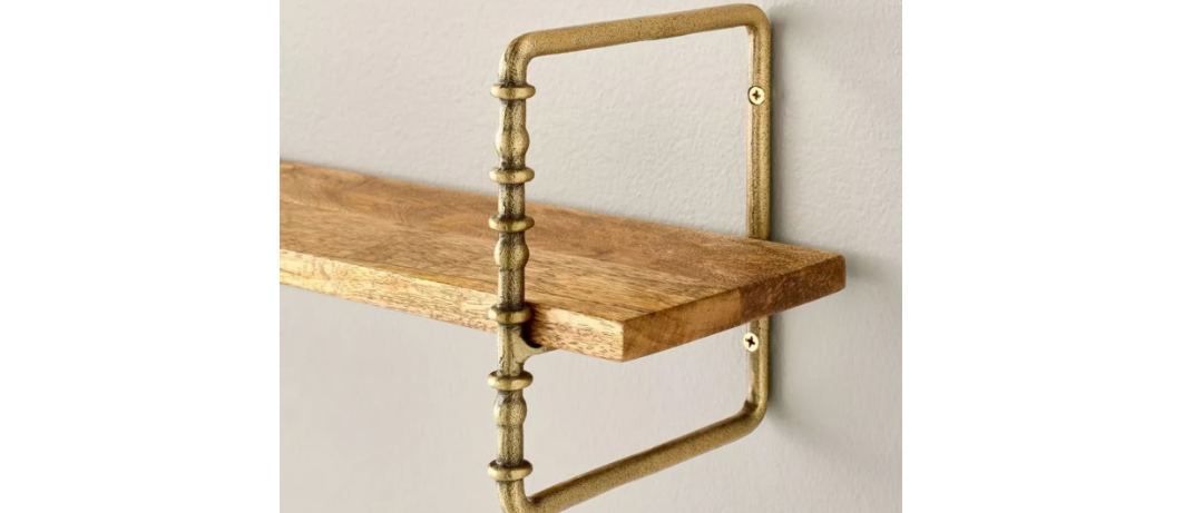 Twisted Brass and Wood Singular Wall Shelf
