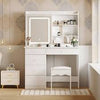 5-Drawers White Wood LED Lights Push-Pull Mirror Makeup Vanity Sets Dressing Table Sets with Stool and Hidden Shelves