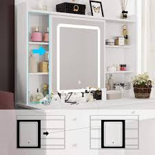 5-Drawers White Wood LED Lights Push-Pull Mirror Makeup Vanity Sets Dressing Table Sets with Stool and Hidden Shelves