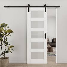 5-Lite Tempered Frosted Glass White Primed MDF Composite Sliding Barn Door