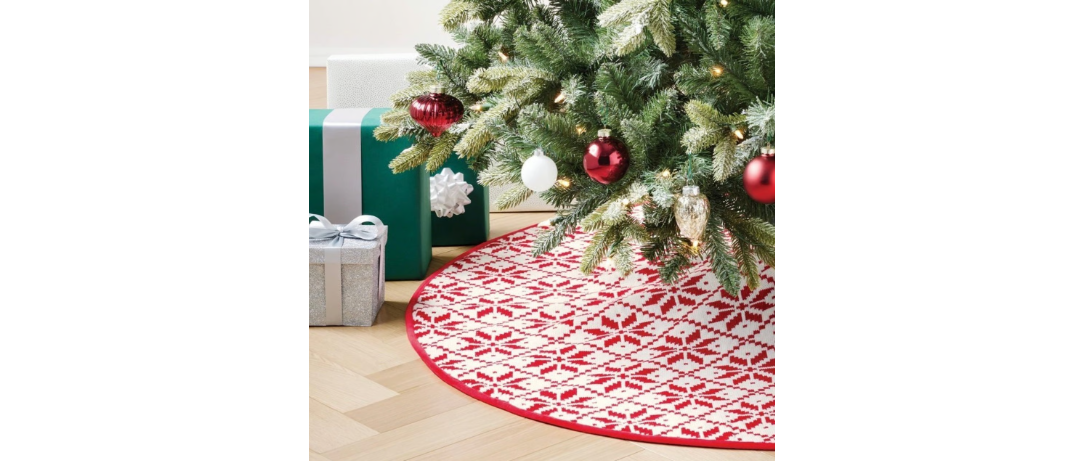 Knit Fair Isle Snowflakes Christmas Tree Skirt White/Red final cut